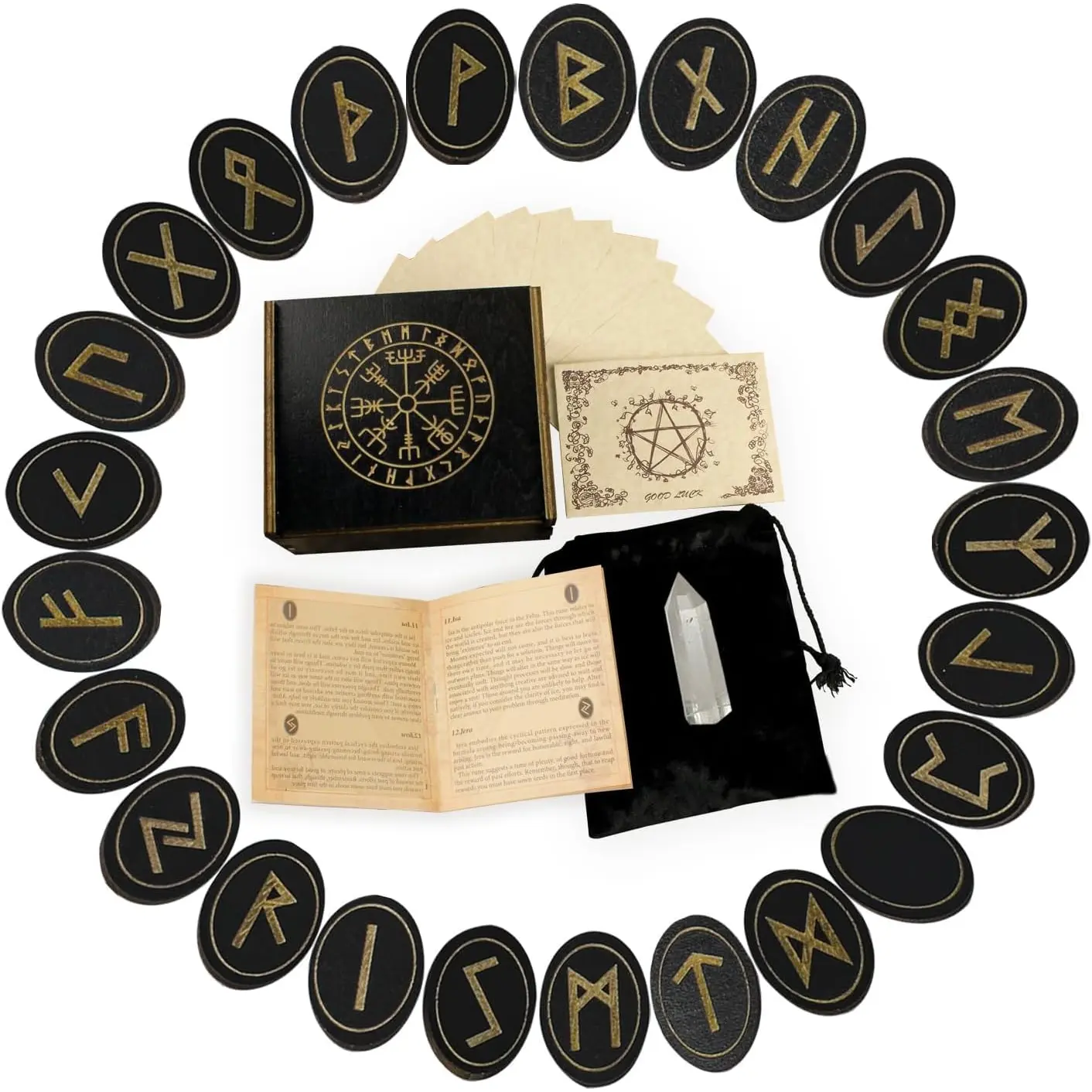 Runes, Wooden Runes Set with Guide Book, Healing Crystals, Ritual Paper, Tarot Bag, Witch Runa for Beginners, Witchcraft/Divination/Meditation/Spiritual Tirmanaz
