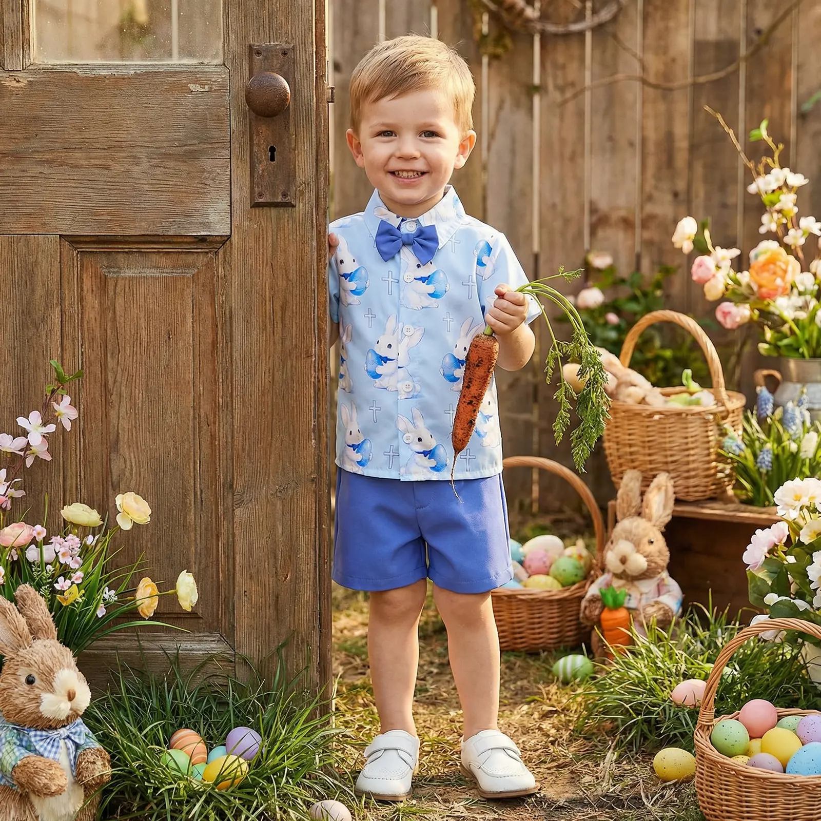 Toddler Boy's 2-Piece Casual Easter Clothes Set - Short-Sleeve Lapel Collar Bowtie Bunny Print Shirt, Elastic Waist Egg-Themed Shirt and Shorts Set for 12-18 Months, 3-4 Years