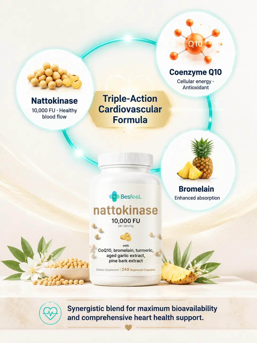 BesfeeL Nattokinase 10,000 FU with CoQ10, Bromelain, Turmeric, Aged Garlic & Pine Bark Extract – Cardiovascular & Circulation Support,