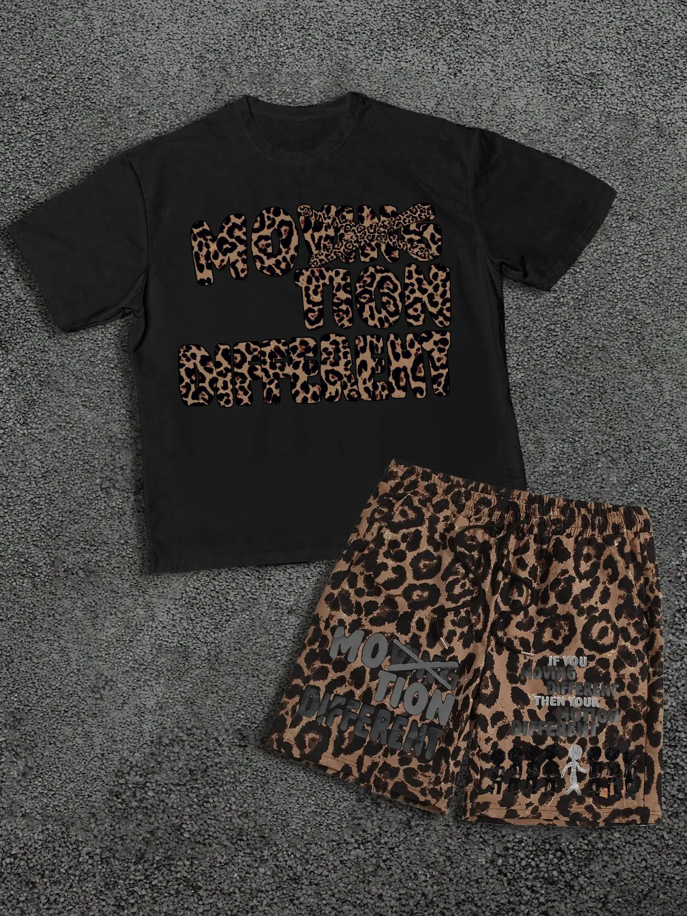 "Motion Different" Leopard Print T-Shirt and Shorts Matching Set | Hip Hop Streetwear Menswear Two-Piece Outfit