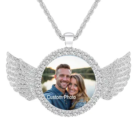 Men's 3mm Angel Wings Personalized Photo Pendant Necklace, Highly Polished Smooth Cubic Zirconia Memorial Necklaces, Father's Day Gift, Picture Necklace