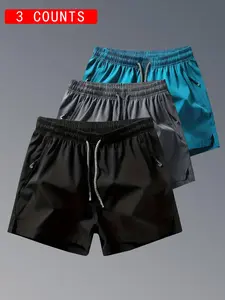 Men's Solid Drawstring Waist Split Hem Shorts, Casual Breathable Athletic Wear Zipper Pocket Shorts, Summer Sports Wear for Daily Wear