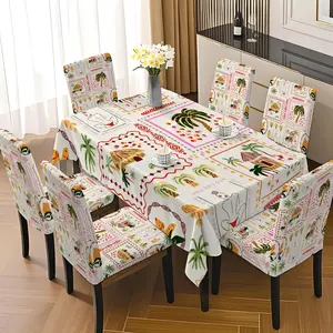 5/7 Pcs 2D Flat Tropical Hawaiian Coconut Tree Hut Patchwork Print Tablecloth & Chair Cover Set, Stretch Washable Dining Chair Slipcover, Boho Summer Beach for Home & Tropical Party Decor