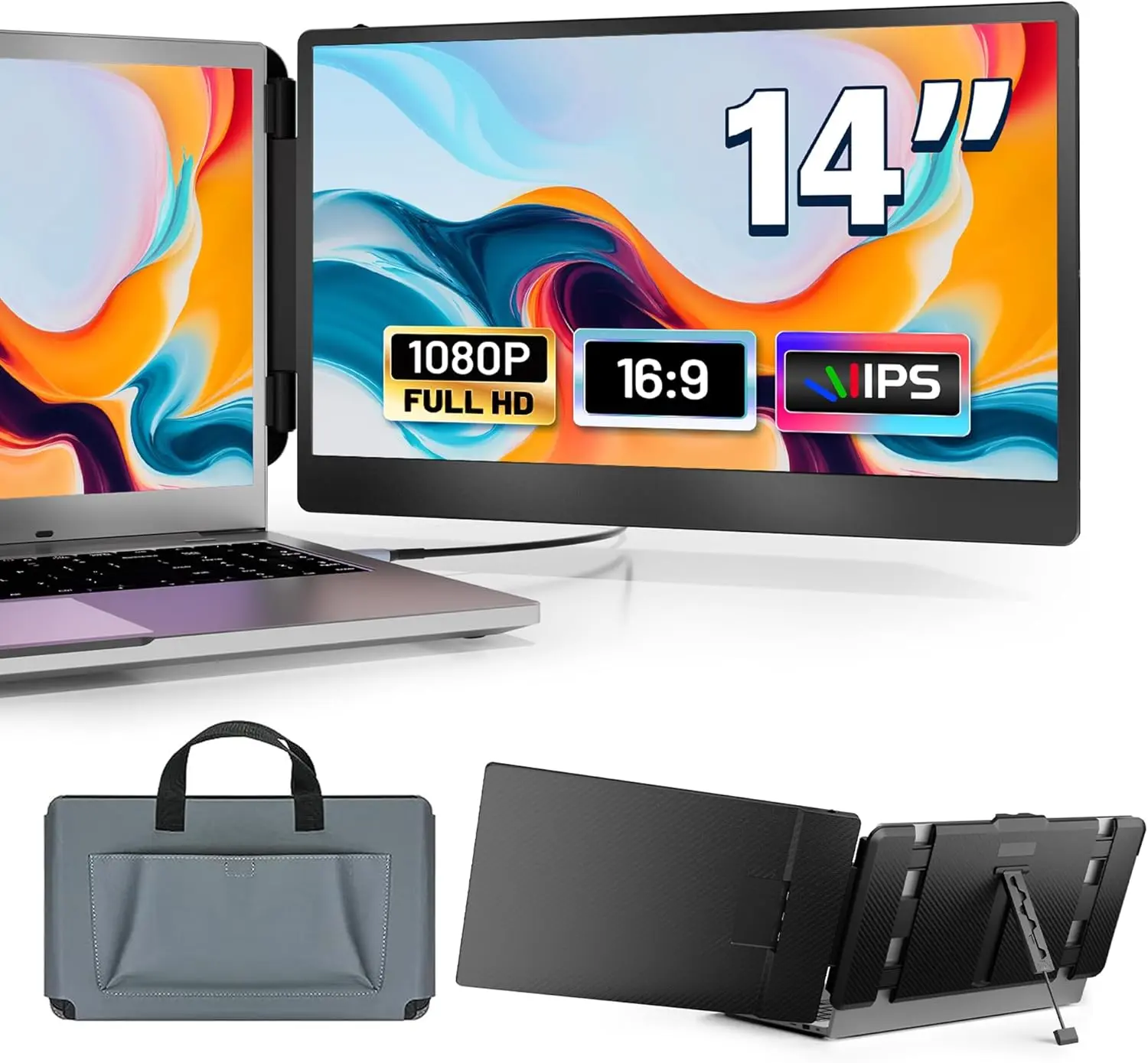 domyfan 14" Portable Laptop Monitor Extender, FHD 1080P IPS Dual Laptop lcd Screen External Extender, HDMI/USB-A/Type-C Plug and Play for Windows, Mac, Chrome, Android, Xbox, Switch, PS5, Work with 13.3”-17” Laptops tiktokshopbacktoschool