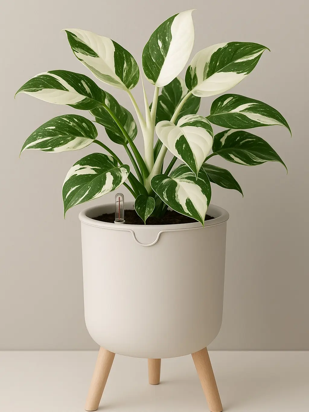 Self-watering Planter with Water Level Signal and Wooden Legs - White Pot for Home Decor