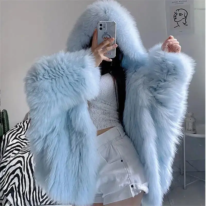 Faux Fur Coat Women Winter Short Bat Full Sleeve Hooded Coats Slim Spliced Thick Coat Loose Open Stitch Jacket