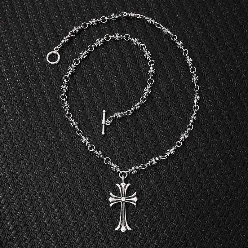 Vintage Gothic Thorn Cross Necklace Handmade Floral Link Chain Hip Hop Street OT Clasp Unisex Retro Collarbone Chain