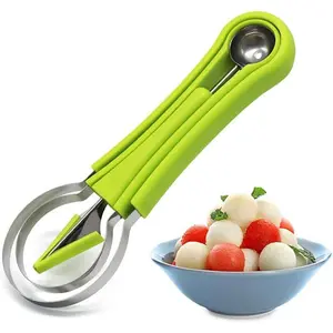 1PCS Melon Baller Scoop Set, Professional 4 In 1 Stainless Steel Watermelon Cutter Fruit Carving Tools Set, Fruit Scooper Seed Remover Watermelon Knife for Vegetable, Salad, Ice Cream (Green)