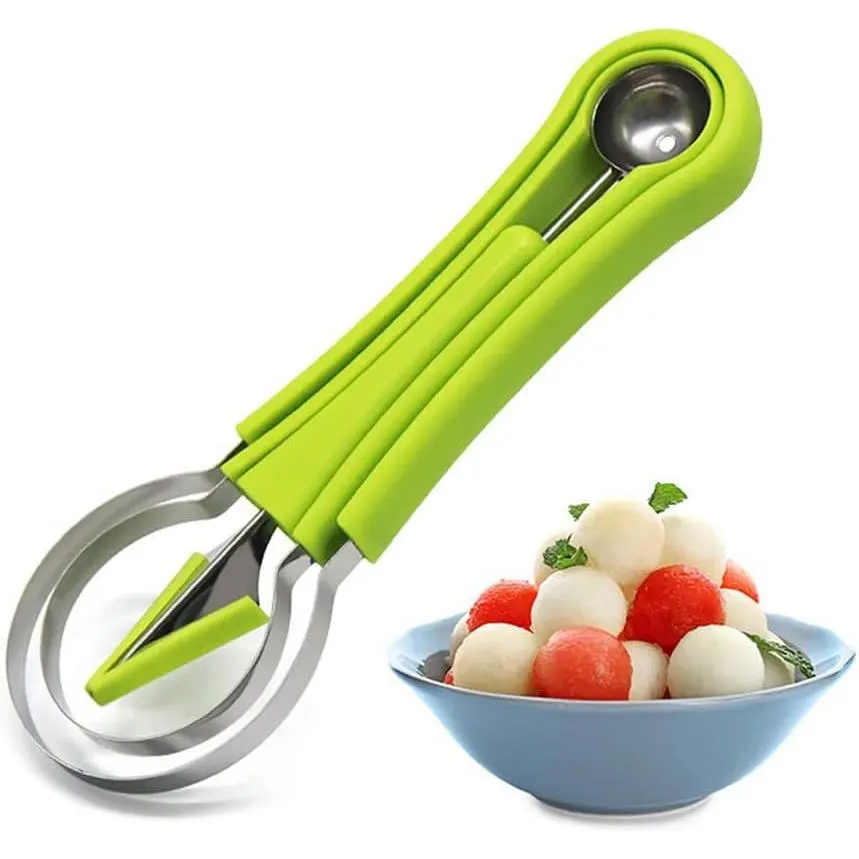 1PCS Green 4-in-1 Stainless Steel Melon Baller Tool Set, Plastic-Shaped Fruit & Vegetable Utensils – Watermelon Cutter, Seed Remover, Ergonomic Grip, Rust-Proof, Dishwasher Safe Kitchen Gadget for Fruit Salad