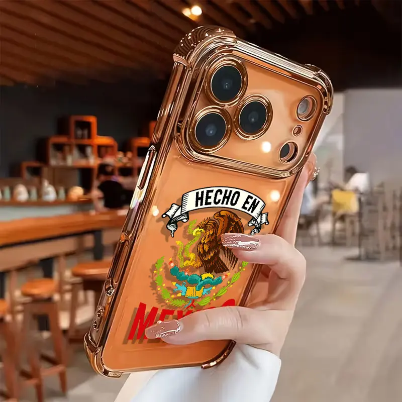 Retro Aztec Mexico Coat of Arms Electroplated Transparent TPU Airbag Shockproof Smartphone Case, Soft Handheld Cellphone Accessory with Transparent Base for iPhone 11-17 Pro Max