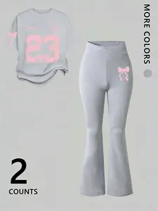 Women's Two-Piece Casual Short Sleeve T-Shirt Set, Outfit, Womenswear, Summer Fashion Style Long Pants, Comfortable and Versatile Daily Wear