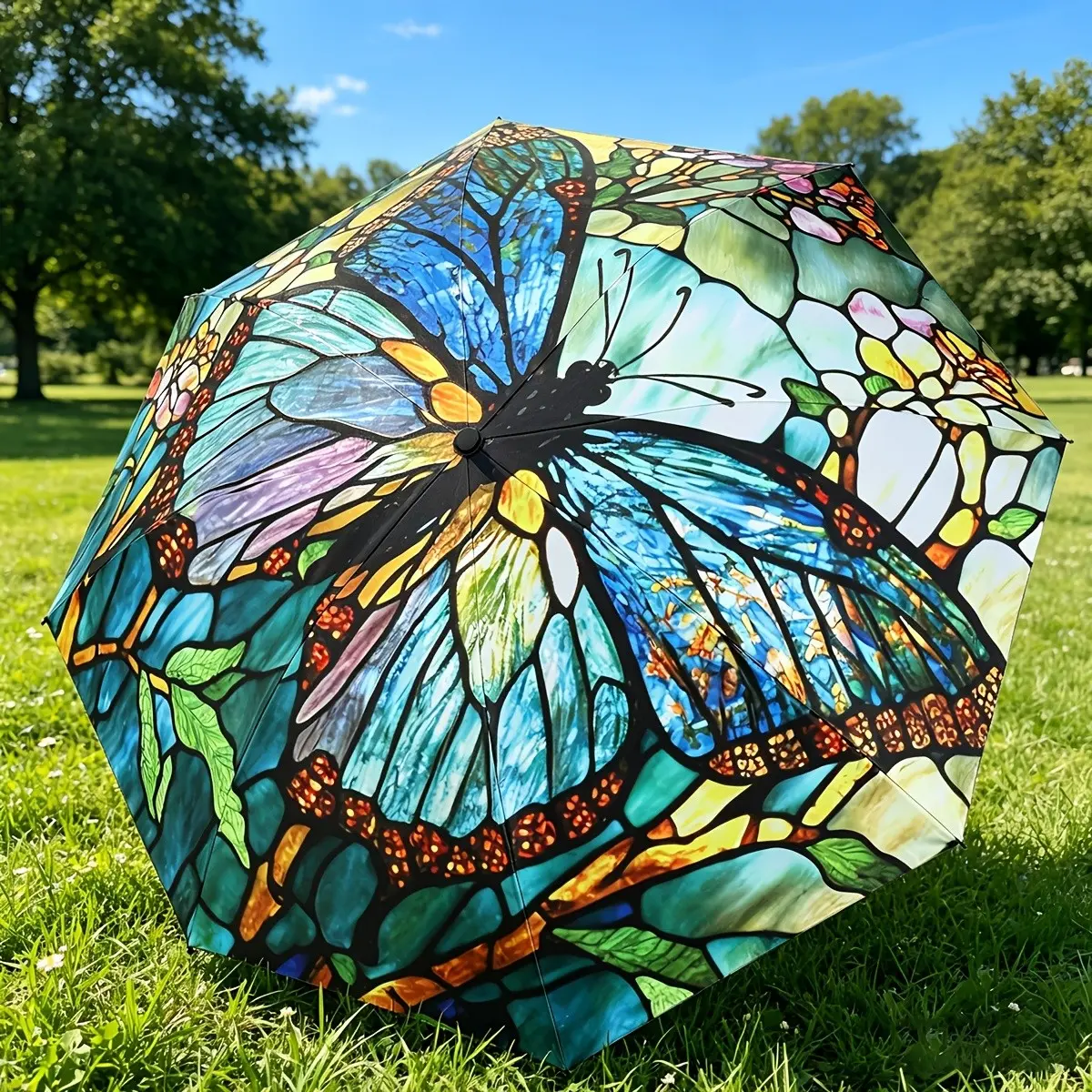 Manual Open & Close Foldable Umbrella, Blue Gold Floral Butterfly Pattern, 8-Rib Sturdy Structure, Portable Lightweight Travel Parasol