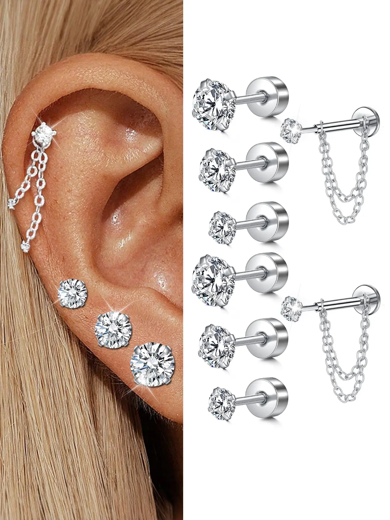 Stainless Steel Helix & Tragus Earrings, 20g Opal & Cz Accents, Chain Design, 3mm-5mm, Unisex Cartilage Piercing Jewelry, Bling Chain, Body Jewelry