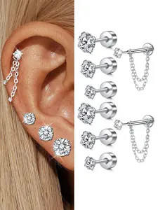 Stainless Steel Helix & Tragus Earrings, 20g Opal & Cz Accents, Chain Design, 3mm-5mm, Unisex Cartilage Piercing Jewelry, Bling Chain