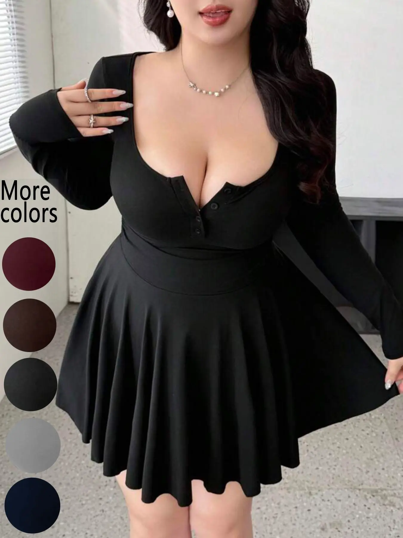 Women's Plus Size Deep V-Neck Button Long-Sleeve Fit-and-Flare Mini Dress, Feminine Casual Wear, Soft Stretch Fabric with Cinched Waist Design, Quiet-Luxury Y2K Style for Date Nights & Casual Outings