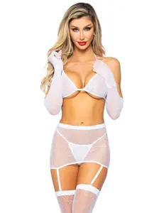 Women's Leg Avenue Risk Taker Stretchy Fishnet Fabric Lingerie Set - Rhinestone Bra, Matching Skirts, Stockings