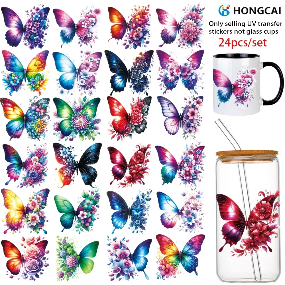 24 Piece Colorful Butterfly Floral Series UV DTF Heat Transfer Stickers, Sticker Pack, Sticker Set, 3D Crystal Decal Stickers for Glass Cups Mugs Furniture DIY Crafts, DIY Craft Kit, Decoration Sticker, Decorative Stickers, Floral Pattern Sticker