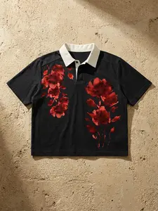 'Cropped Polo Shirt' Red Ink Floral Print Contrast Collar Polo | Edgy Artistic Streetwear Aesthetic | Unisex OOTD Essential | TikTok Viral Y2K Casual Daily Wear Statement Top for Men Women 2026 Spring New Drop