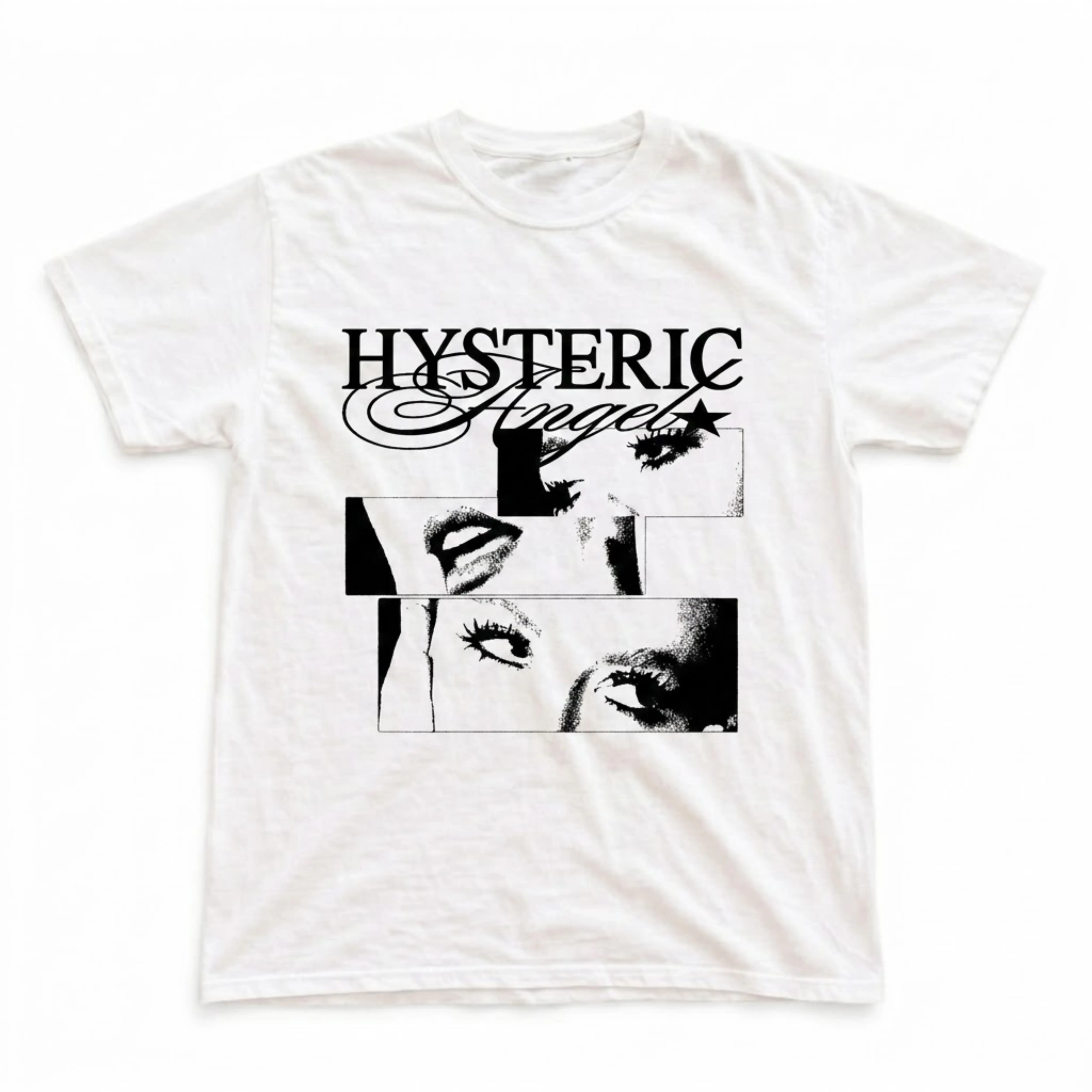 Gildan Men's and Women's T-Shirt, Vintage Hysteric Angel Graphic Tee, Eyes Portrait Shirt, Cursive Typography Top, Photo Panel Cutout Merch, Cyber Punk Fashion, Y2K Grunge Streetwear, Indie Sleaze Apparel, Dark Aesthetic Clothes Unisex