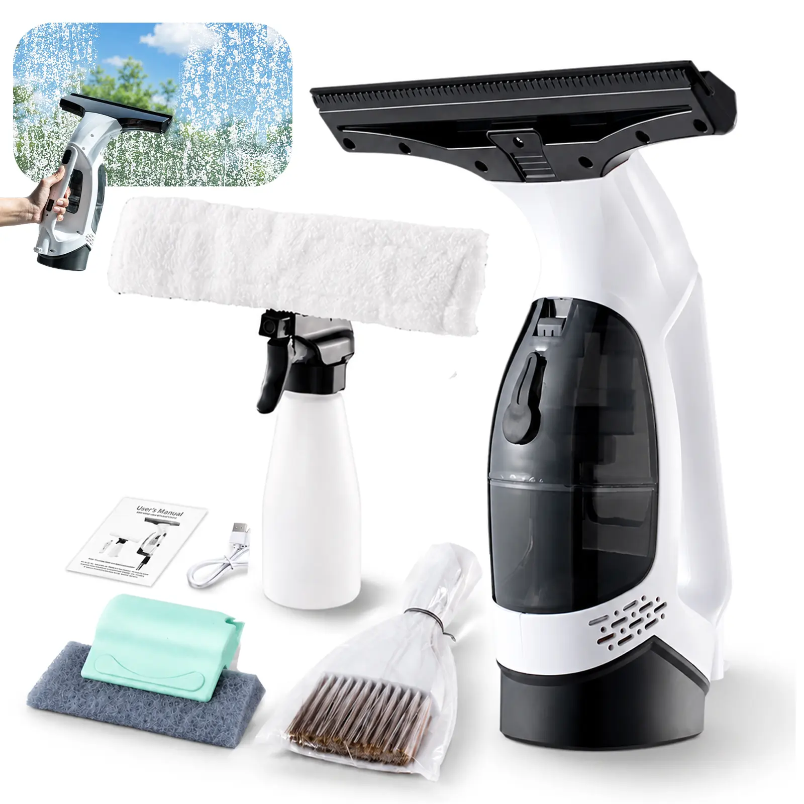 Cordless Electric Window Vacuum Cleaner, 2000Pa Rechargeable Tool with 280mm Squeegee, 150ml Waste Tank, Spray Bottle & Accessories for Mirrors, Car Windows