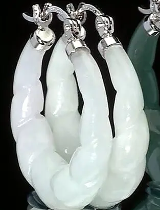 D'Joy Natural Olmec Jadeite Carved Hoop Earrings in Rhodium Over Sterling Silver 15.00 ctw
