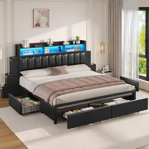 ADORNEVE King Size Bed Frame with 10 Storage Drawers & RGB Bookcase Headboard, PU Upholstered King Bed with Charging Station, Heavy Duty Metal Slats, No Box Spring Needed