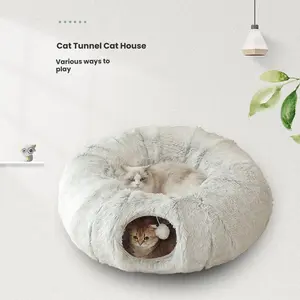Winter Warm Pet Bed, 2-In-1 Foldable Cat Tunnel with Hanging Ball, Plush Cat Bed for Indoor Outdoor Use, Fluffy Cloud Bed, Fabric Material