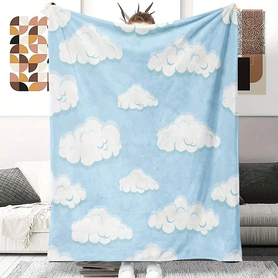 Sky Blue White Cloud Throw Blanket, Ultra Soft Cozy Flannel Nap Quilt for Air‑Conditioning Rooms, Cartoon Cloud Pattern Plush Blanket for Bedroom Sofa, Ideal Gift, Suitable for Indoor Lounging, Beach, Camping, Travel and Outdoor Sports