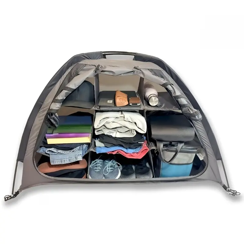 Camping storage tent with shelves, foldable outdoor storage cabinet, 9-compartment camping gear organizer, portable camping storage for hiking, RVs, balconies, and outdoor essentials