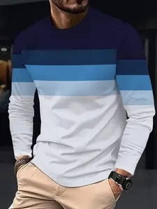 Men's Long Sleeve T-Shirt, & Striped Shirt, Casual Regular Fit, Office Wear, All-Over Print, Durable Structure, Knit