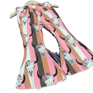 Baby Girl Bell Bottom Jeans with Highland Cow Pattern for Winter