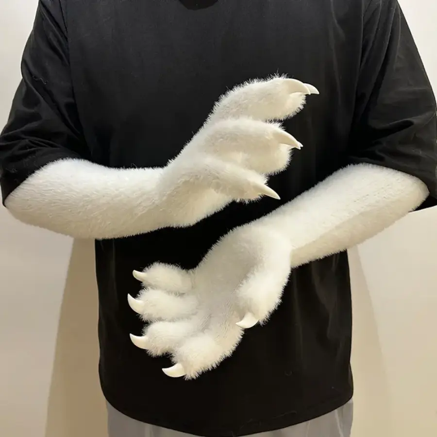 Kigurumi Long Arm Fursuit Paw Gloves, Kawaii Cute Black Plush Cosplay Paws With Sharp White Claws, Full-Length Soft Animal Paw Gloves, Ideal Outfit Accessory For Halloween, Cosplay Conventions, Anime Events, Birthday Party Gift