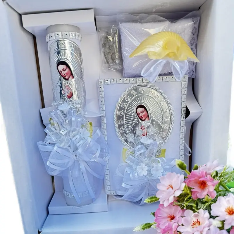 5pcs Religious Gifts Traditional Baptism Gift Package - 8in Candle, Rosary, New Testament, Decorative Elements in Box, Baptism Favor for Boys & Girls (English & Spanish)