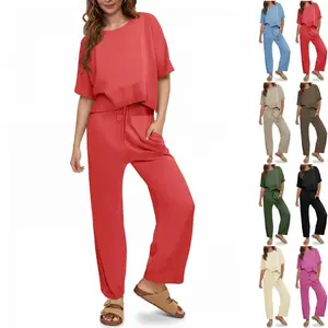 Goranbon Womens 2 Piece Outfits Sweater Sets Knit Split Crop Tops High Waisted Pants Lounge Set