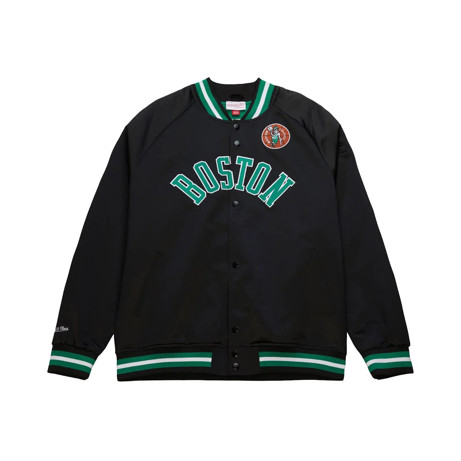 Boston Celtics Black Lightweight Satin Raglan Full-Snap Jacket NBA Throwback Outerwear Vintage Fan Gear Mitchell & Ness
