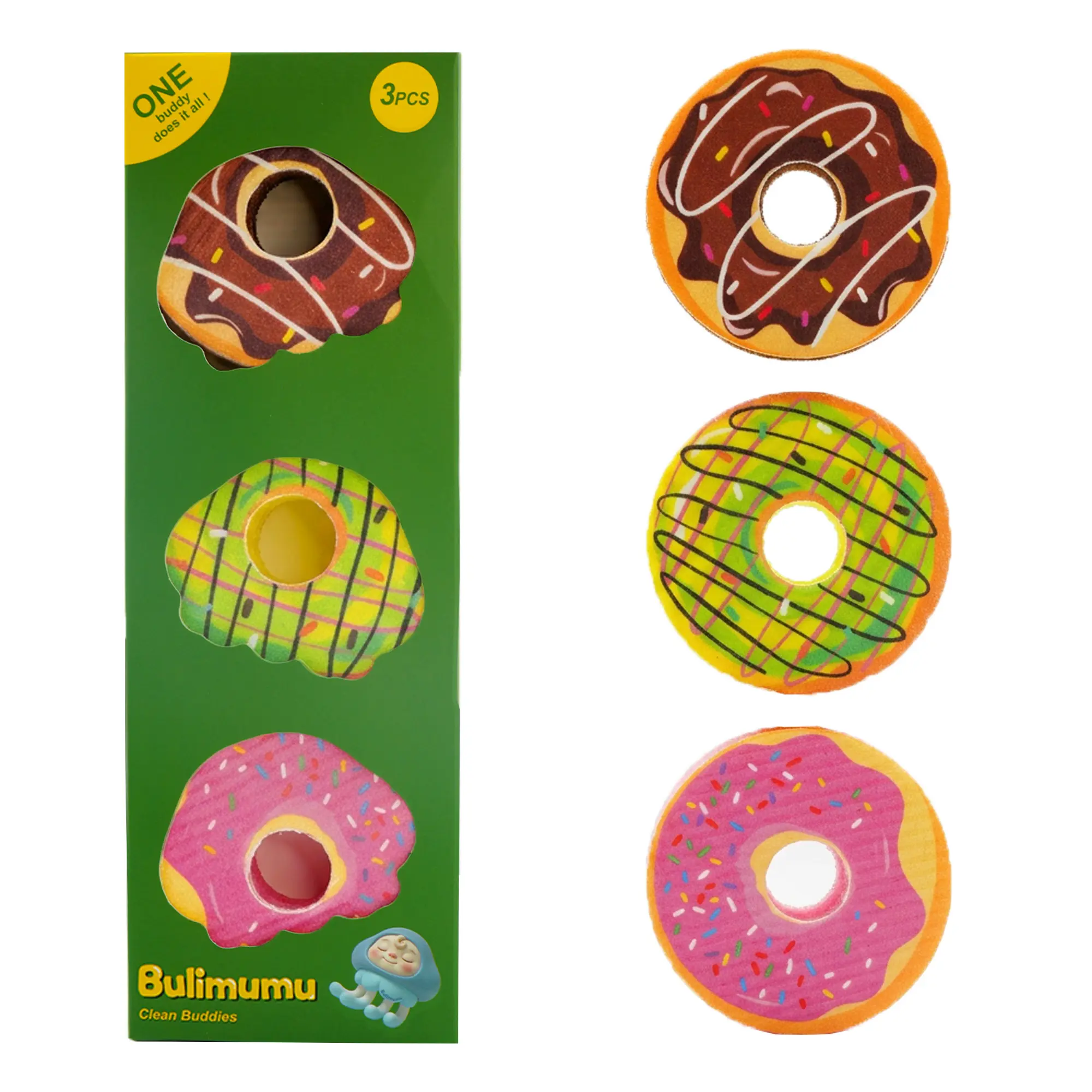 Bulimumu Household 3-Layer Multi-Material Donut-Shaped All Purpose Sponges Set (3PC) - Plant Fiber, Temperature-Sensitive Kitchen Scrubber for Pots, Pans, Eco-Absorbent Dish Scrubber for Dishes