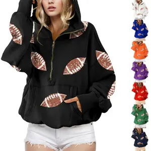 Women's Game Day Sequin Hoodie, Football Pullover, Casual Long-Sleeve Zipper Cotton Sweatshirt with Front Pocket, Black Top, Sweatshirts, Longsleeves