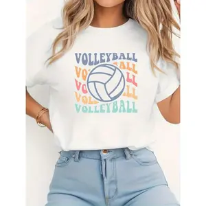 Women'S Round Neck Short Sleeve T-Shirt With Volleyball Print For Spring And Summer  Volleyball Graphic Oversized T-Shirt, Unisex Short Sleeve Crew Neck Tee, Sports Fan Aesthetic
