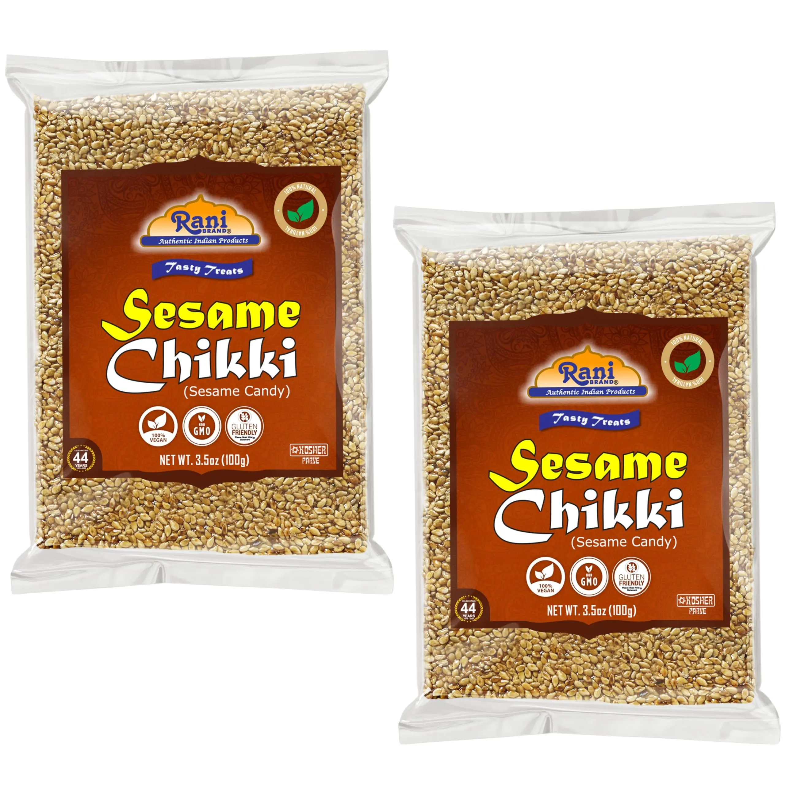 Rani Sesame Chikki (Brittle Candy) 3.5oz (100g) x Pack of 2 ~ All Natural | Vegan | Kosher | No colors | Gluten Friendly | Indian Origin