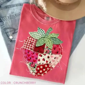 Comfort Colors PRINTED Strawberry T-Shirt, Patchwork Quilted Farmhouse Berry Tee, Rustic Gingham Floral Cottagecore Aesthetic, Vintage Tee - SoftHype Apparel