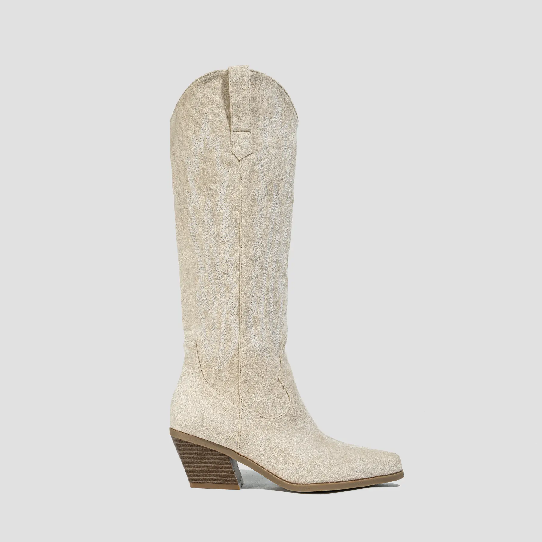 Mid Calf Snip Toe | Chunky Heel Ideal for low insteps Beige Suede Embroidered Cowgirl Knee High Boots, Retro Western Pointed Square Toe Stacked Block Heel Tall Boots, Comfort 6cm Heel Country Concert Nashville Festival Outfit Wide Calf Riding Boots cowboy
