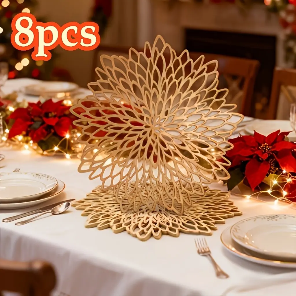 8pcs Elegant Placemats, Dining Table Mats, Luxury Round Table Decor, Durable PP Plastic, Marble Texture, Hollow Leaf Design, Easy Clean