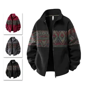 Men's Patchwork Corduroy Jacket: Featuring ethnic pattern patches, a simple stand collar design, corduroy fabric that is warm and skin-friendly, perfect for everyday wear, stylish and comfortable for autumn and winter casual outings., Chic, Fitted, Tops,