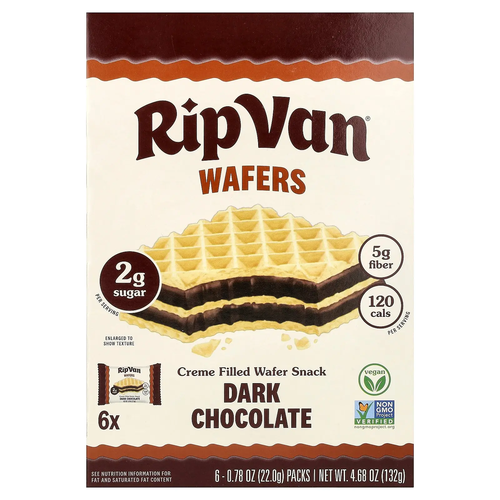 Rip Van Wafels Creme Filled Wafer Snack, Dark Chocolate, 6 Packs, 0.78 oz (22 g) Each