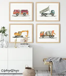 Set of 4 Construction Vehicle Prints, Kids Gallery Wall Set, Truck Wall Art, Fire Truck Print Nursery, Watercolor Painting, Dump Truck Decor