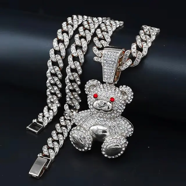 MaxBling81 Pendant Necklace for Unisex Adults, Hip Hop Iced Out Bear Doll Exquisite Trendy Pendant with Cubic Zirconia, 13mm 20-Inch Metal Coating Link Chain, Fashion Necklace, Cuban Link Chain, Everyday Use, 20" Hip Hop Drop, Hip Hop Celebrity