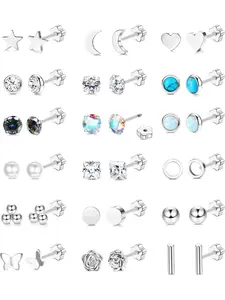 18 Pairs Silver Stud Earrings for Women Flat Back Earrings Surgical Steel Hypoallergenic 20G Helix Tragus Cartilage Earring Set Opal CZ Turquoise Sleeper Earring for Sensitive Ears Stud Earring Jewelry