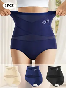 3-Piece High-Waisted Tummy Control Compression Briefs, Simple Cross Design, Comfortable Abdominal Control, Letter Print Underwear, Sculpt Shaping Brief, All Seasons