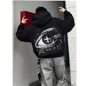 Men's Street Style Rhinestone Decor Hoodie, Windproof Jacket with Pockets and Zipper Design, Fall & Winter Wear, Long, Streetwear, Geometric