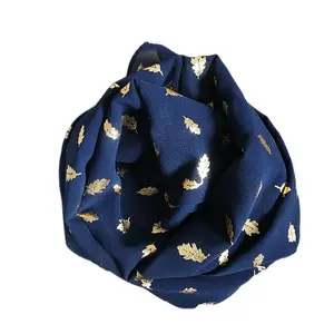 Foil Print Chiffon Hijabs - Navy Blue with Gold Leaf Design for Stylish Wear